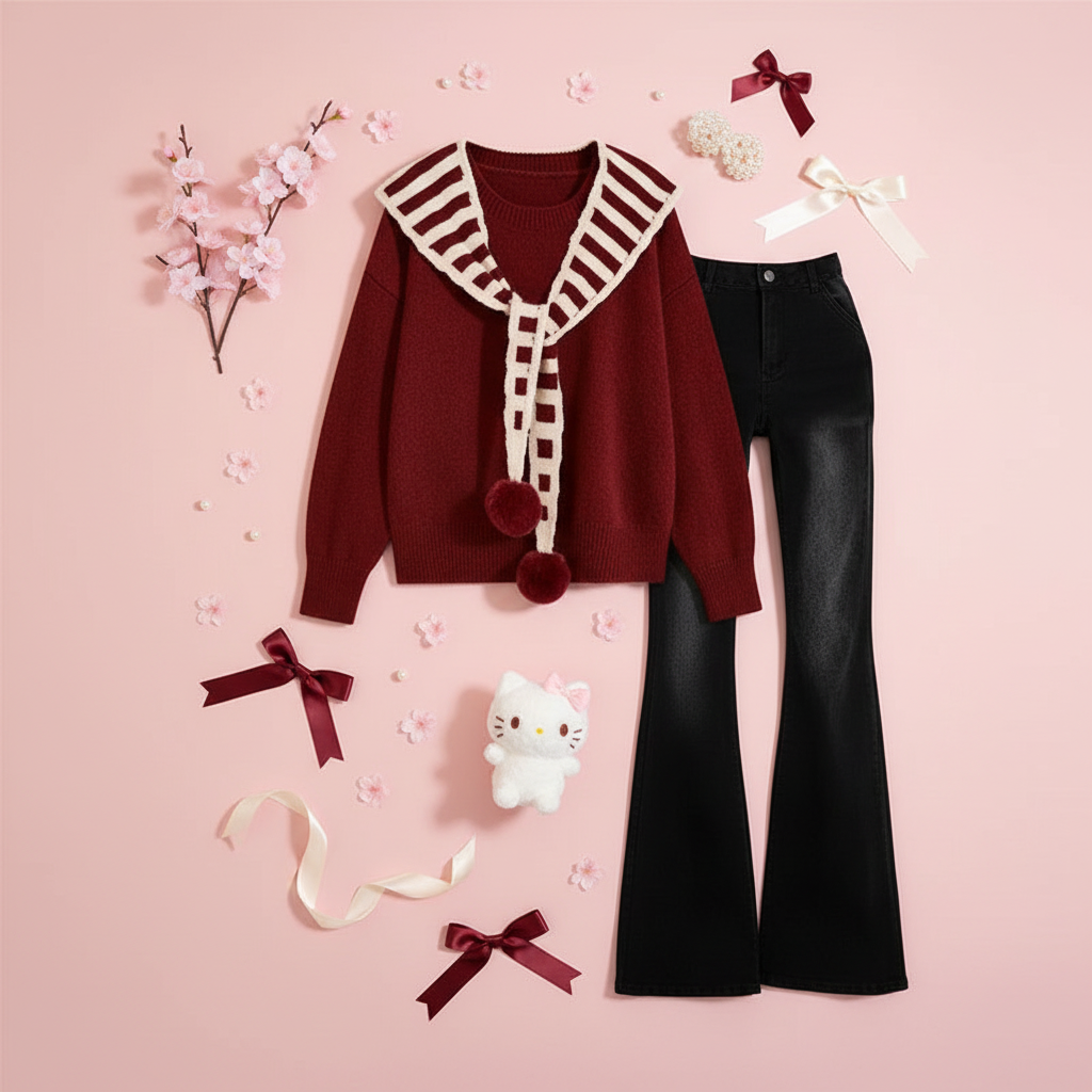 Autumn Winter Lucky Red Sweater Shawl with Denim Pants Set - Vusy Kawaii Shop