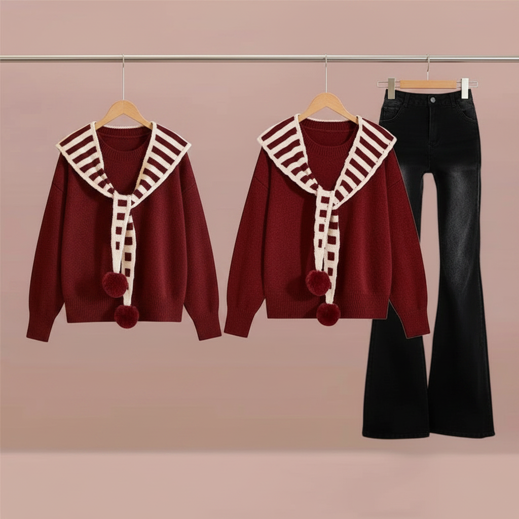 Autumn Winter Lucky Red Sweater Shawl with Denim Pants Set - Vusy Kawaii Shop