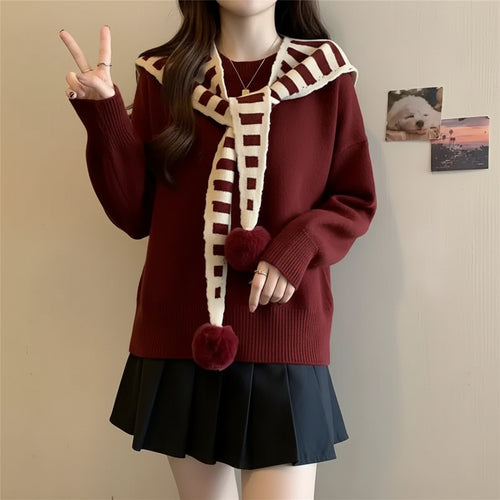 Autumn Winter Lucky Red Sweater & Shawl with Denim Pants Set shown on a model wearing a red sweater and striped shawl