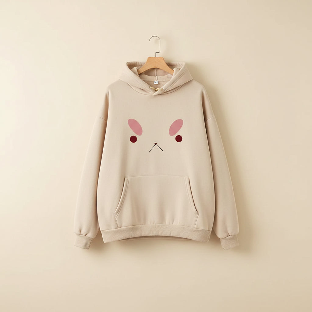 Beige bee and puppy cat kawaii hoodie with cute simple face design and front pocket