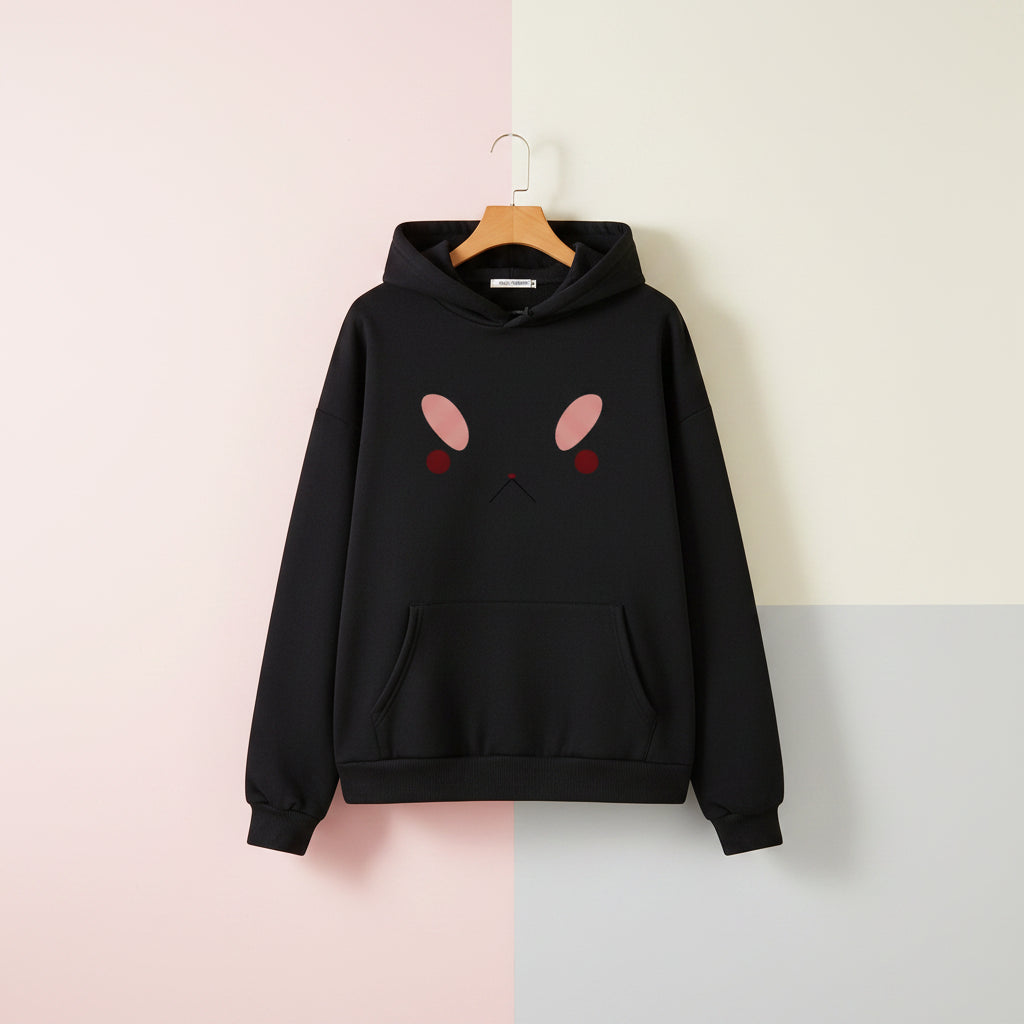 Black bee and puppy cat kawaii hoodie with simple cute face design and front pocket