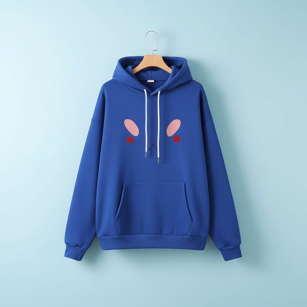 Blue bee and puppy cat kawaii hoodie with cute face design and front pocket