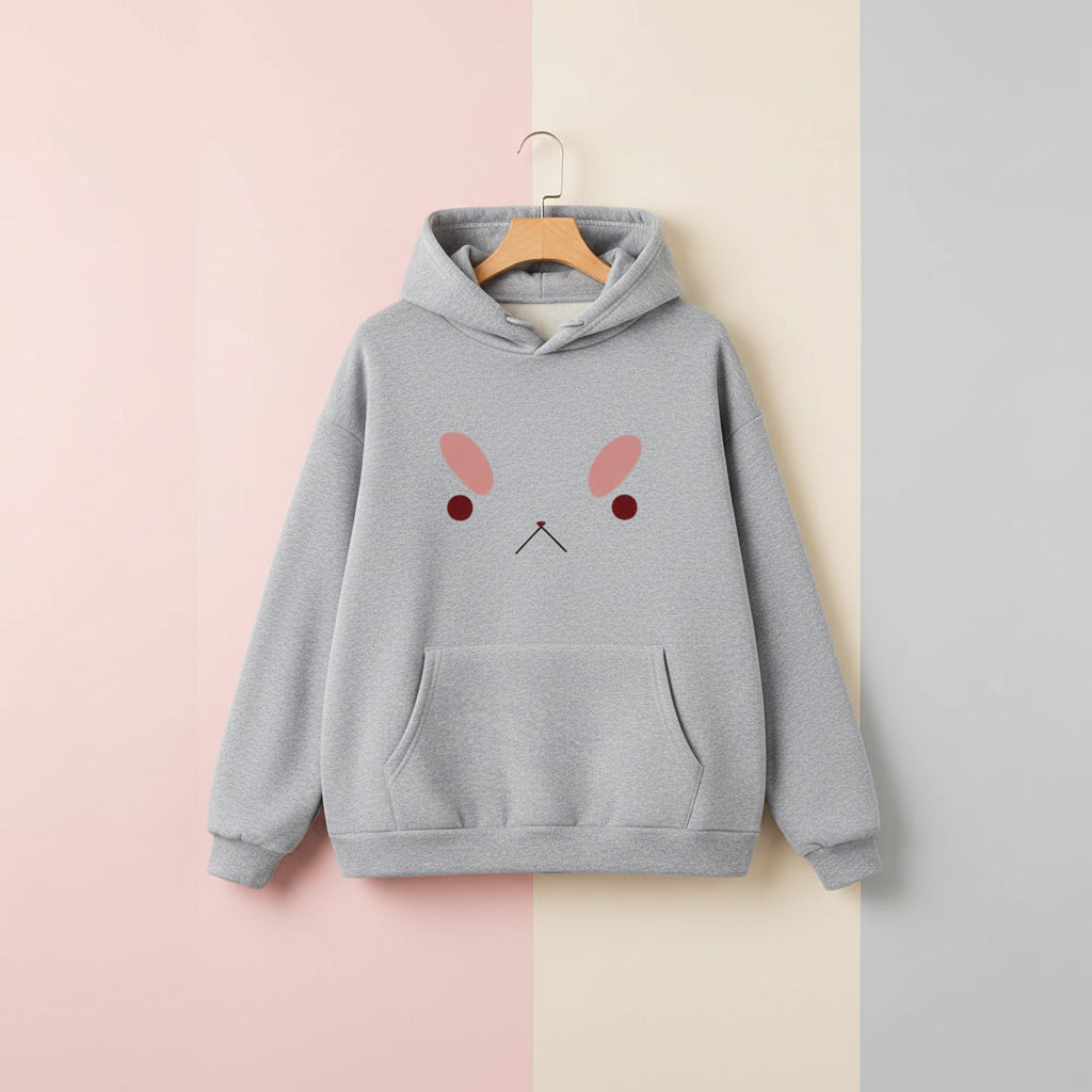 Gray bee and puppy cat kawaii hoodie with simple cute face design and front pocket
