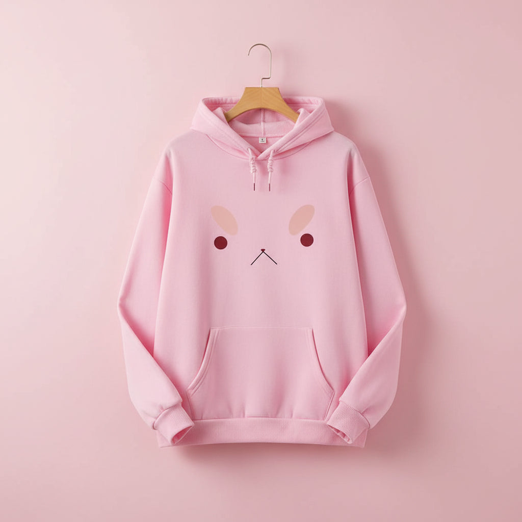 Pink bee and puppy cat kawaii hoodie with cute face graphic and front pocket