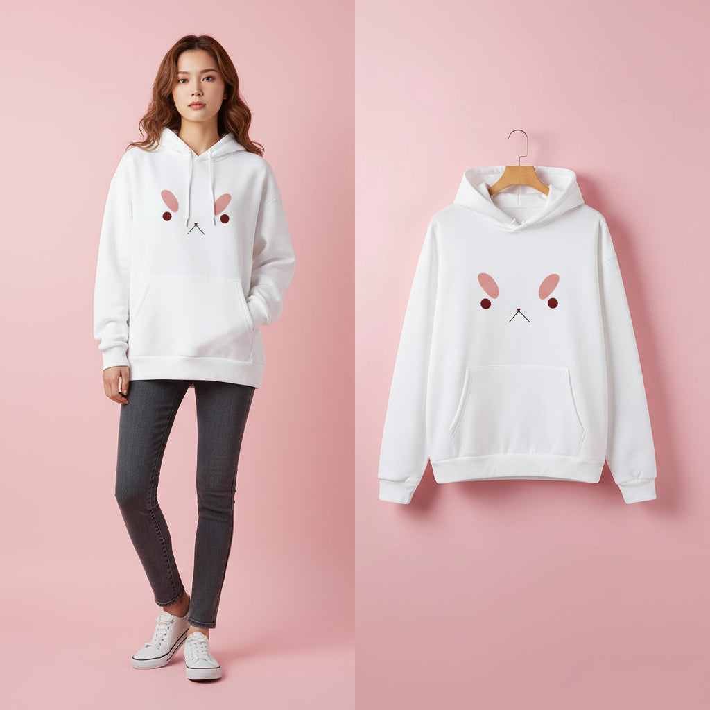 White bee and puppy cat kawaii hoodie with simple cute face design and front pocket