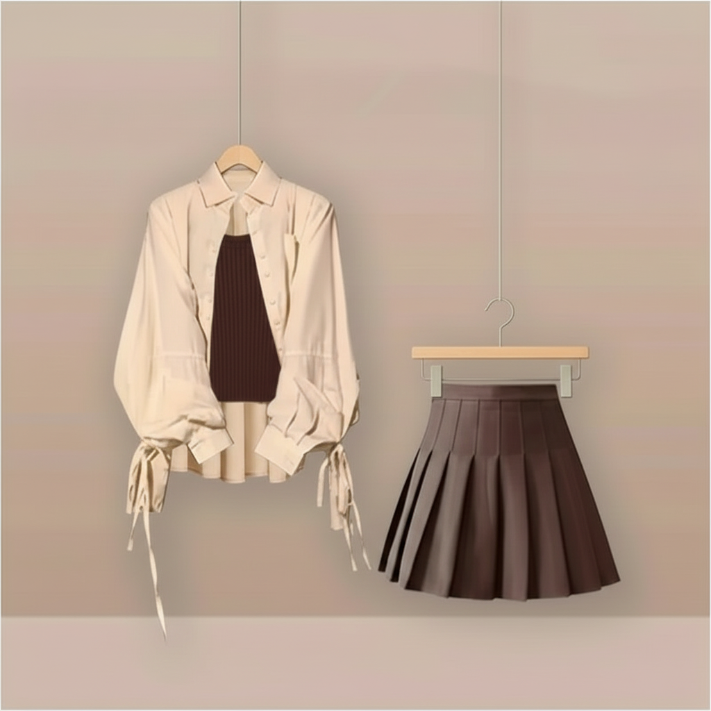 Beige blouse with brown knit top and brown pleated mini skirt on realistic hangers