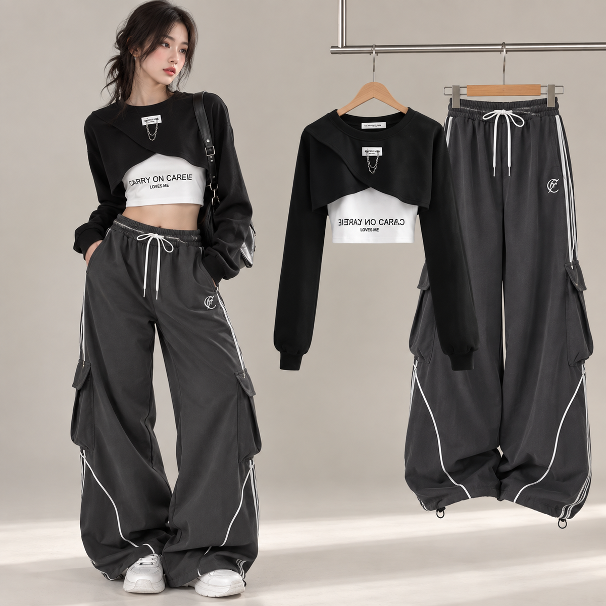 Ensemble streetwear trois pièces haut court et pantalon cargo