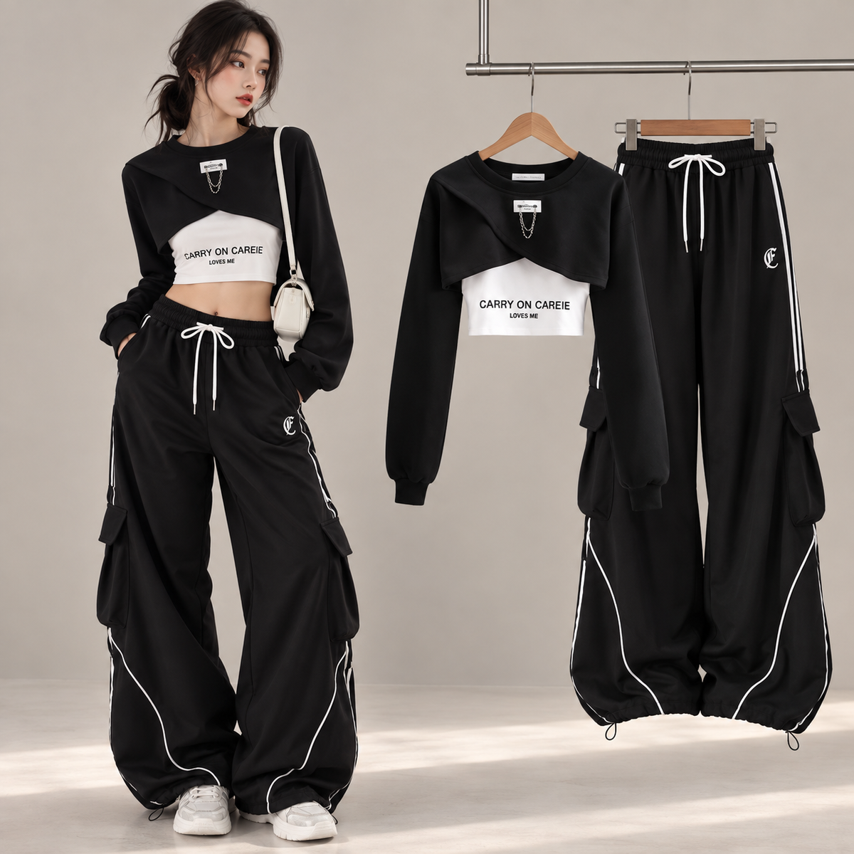 Ensemble streetwear trois pièces haut court et pantalon cargo