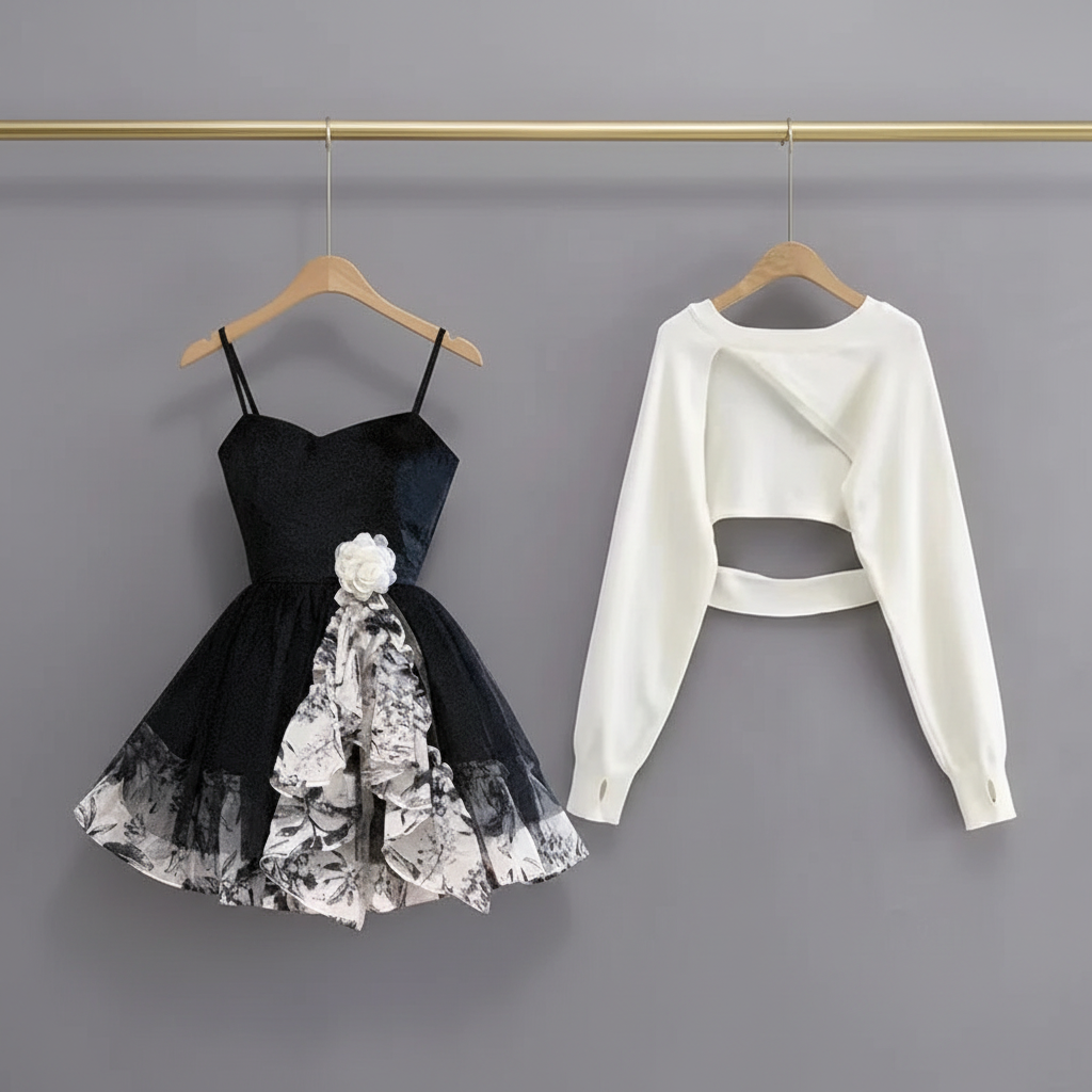 Black floral sling dress and white cropped wrap top on separate hangers