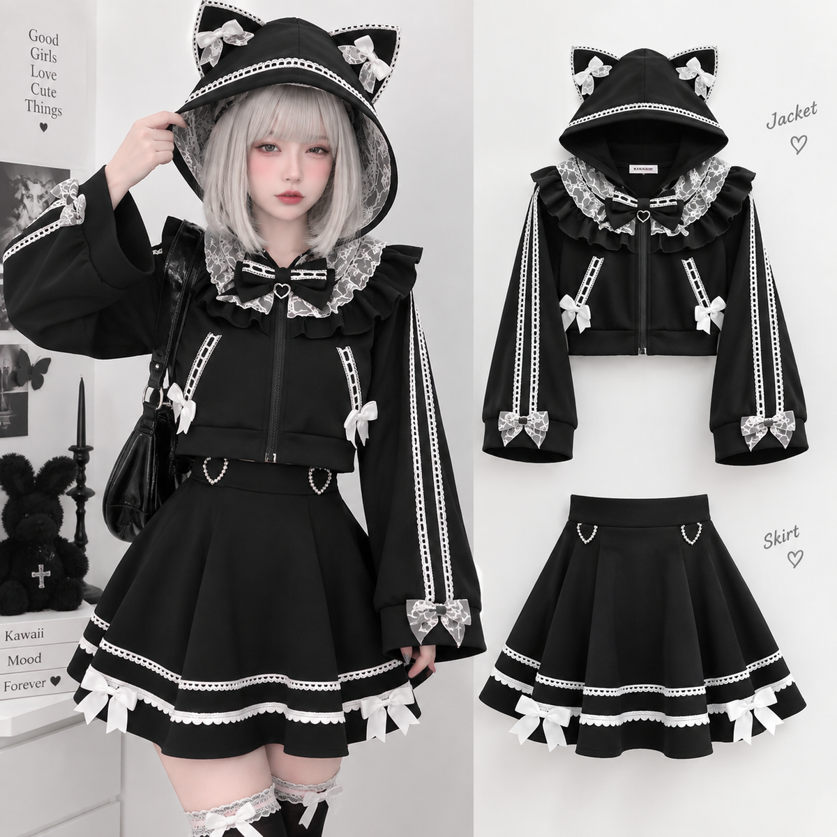 Gothic Lolita Hooded Jacket and Lace Trim Skirt Set flat lay