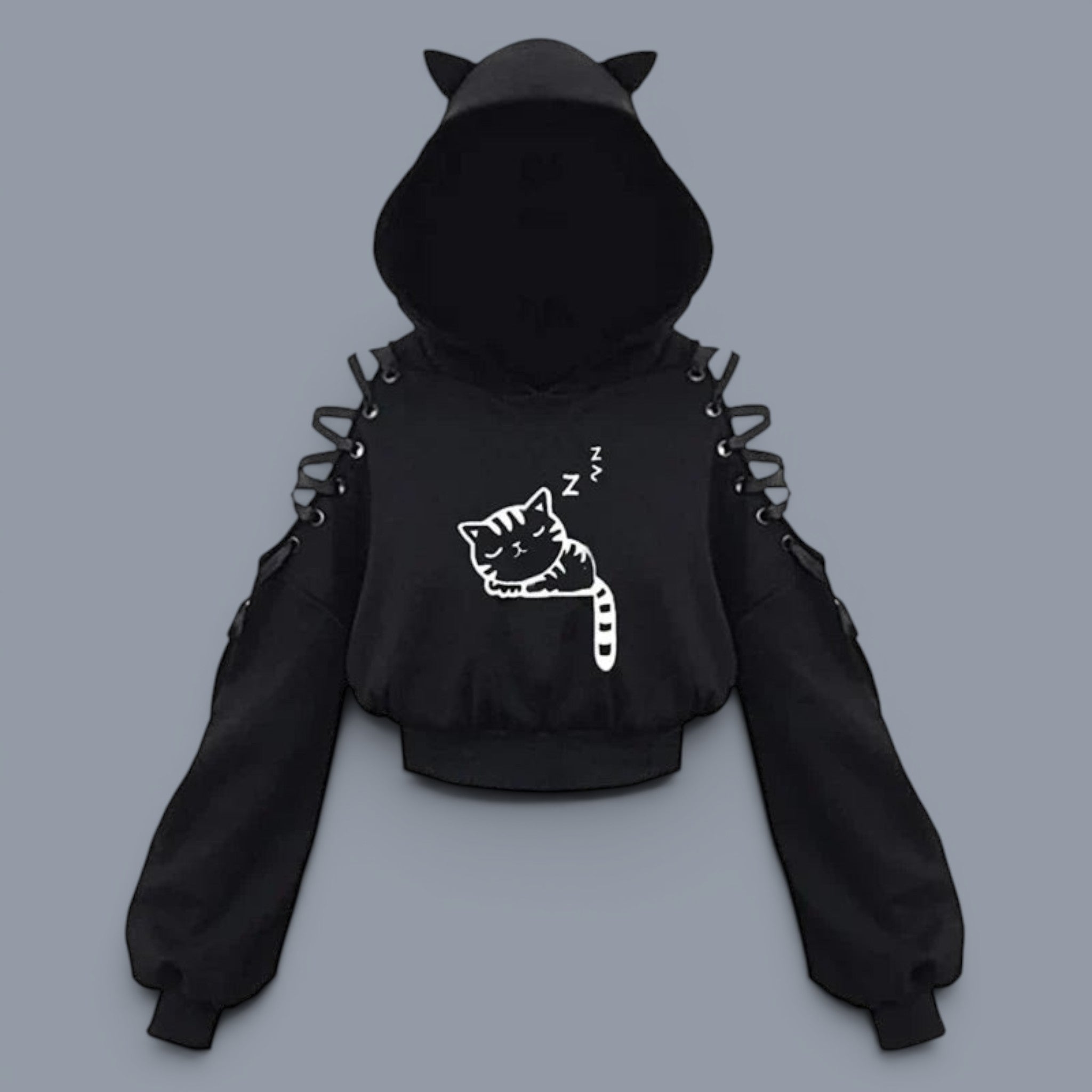 Black long sleeve cat ear kawaii hoodie for women with cut-out sleeves and sleeping cat graphic