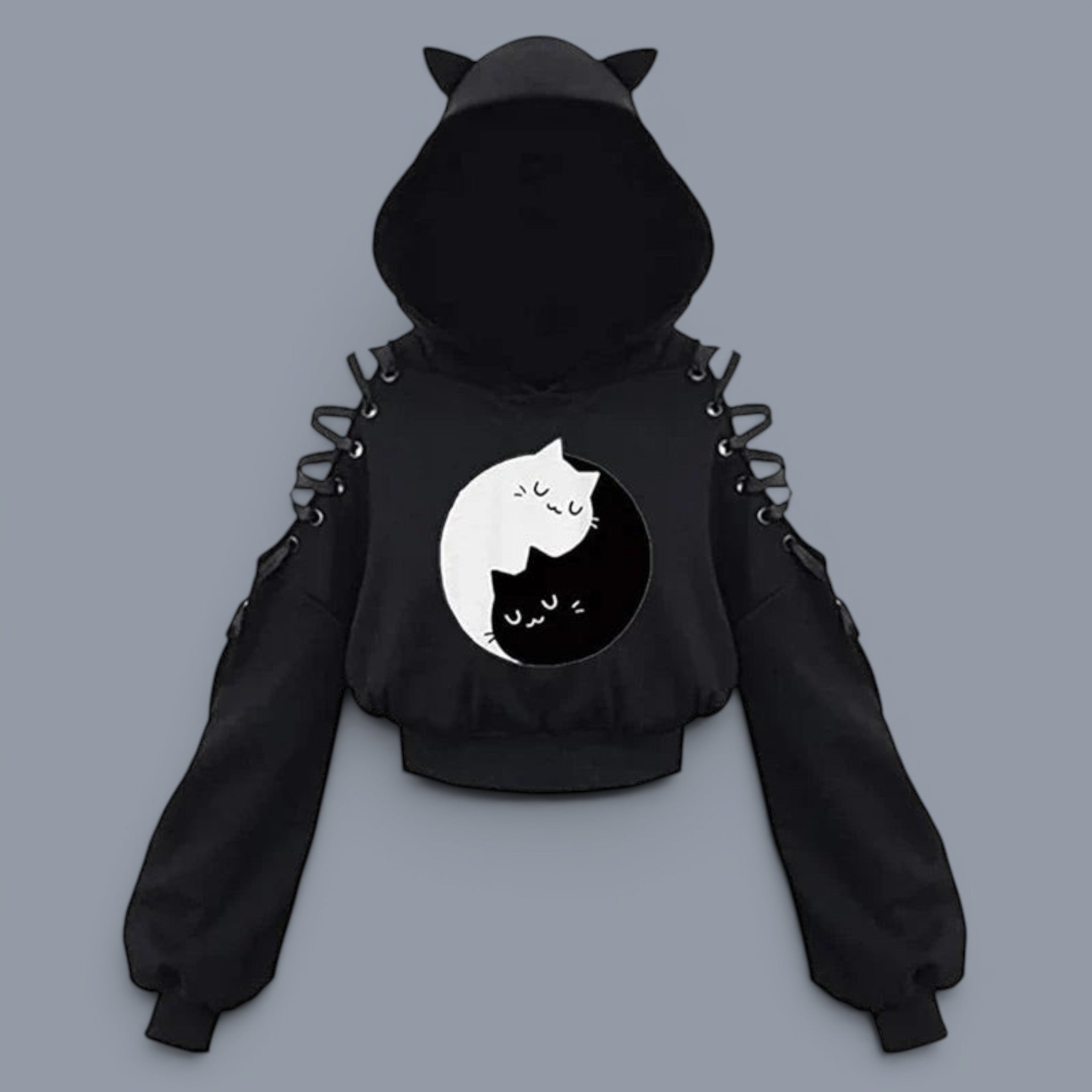 Black long sleeve cat ear kawaii hoodie for women with cute yin-yang style cat print and lace-up sleeves