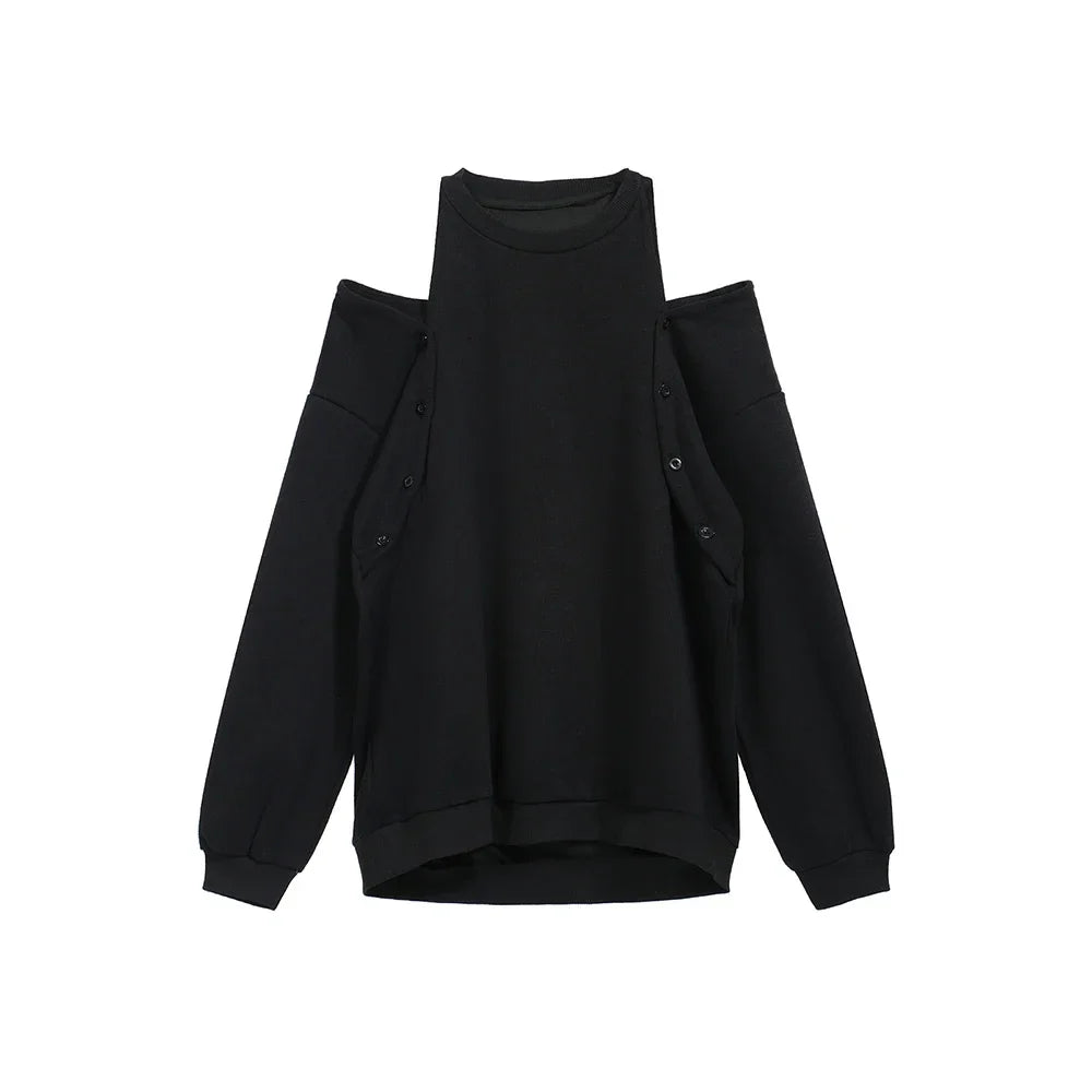 Black loose fit women's sweatshirt with cut-out shoulder design and button details