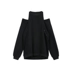 Black loose fit women's sweatshirt with cut-out shoulder design and button details