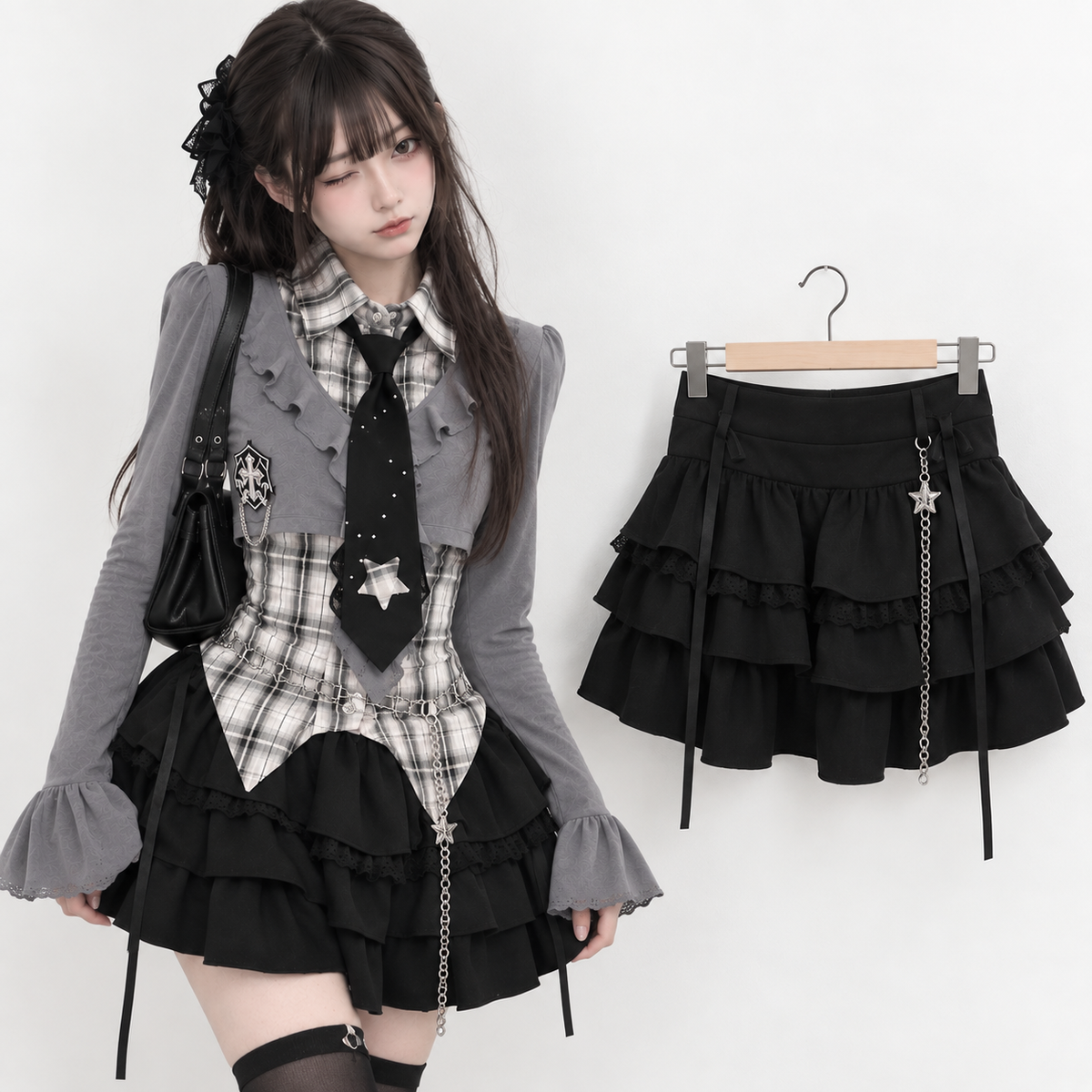 Women's Gothic Preppy Plaid Shirt, Ruffle Cardigan & Tiered Skirt Set