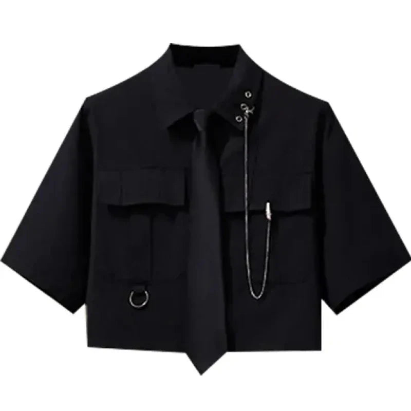 Black two piece punk dress outfit cropped top with tie and decorative chain from Vusy Kawai Shop