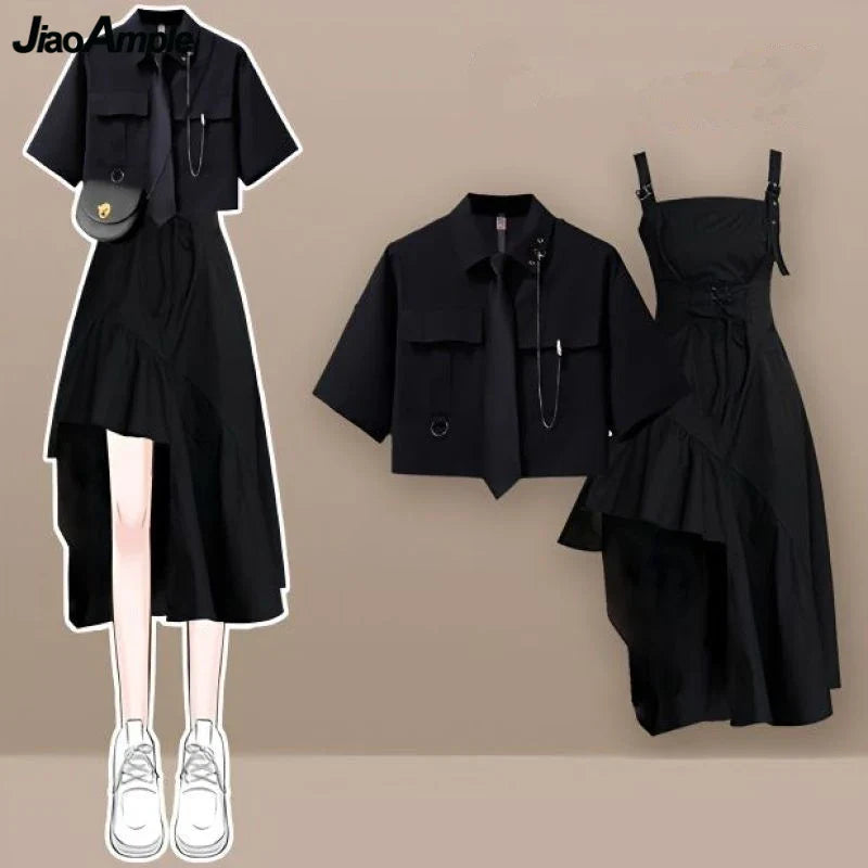 Black two piece punk dress outfit with asymmetrical skirt and short-sleeve cropped jacket