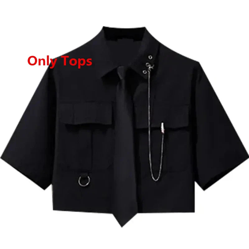 Black cropped punk style top with collar, tie, and chain from black two piece punk dress outfit