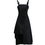 Black two piece punk dress outfit with adjustable straps and asymmetrical ruffle detail