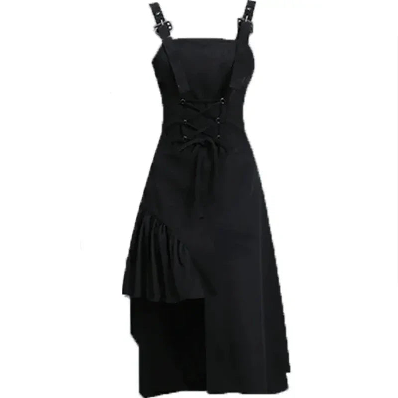 Black two piece punk dress outfit with adjustable straps and asymmetrical ruffle detail