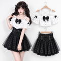Women's Jirai Kei White Bow Blouse & Black Plaid Skirt Set