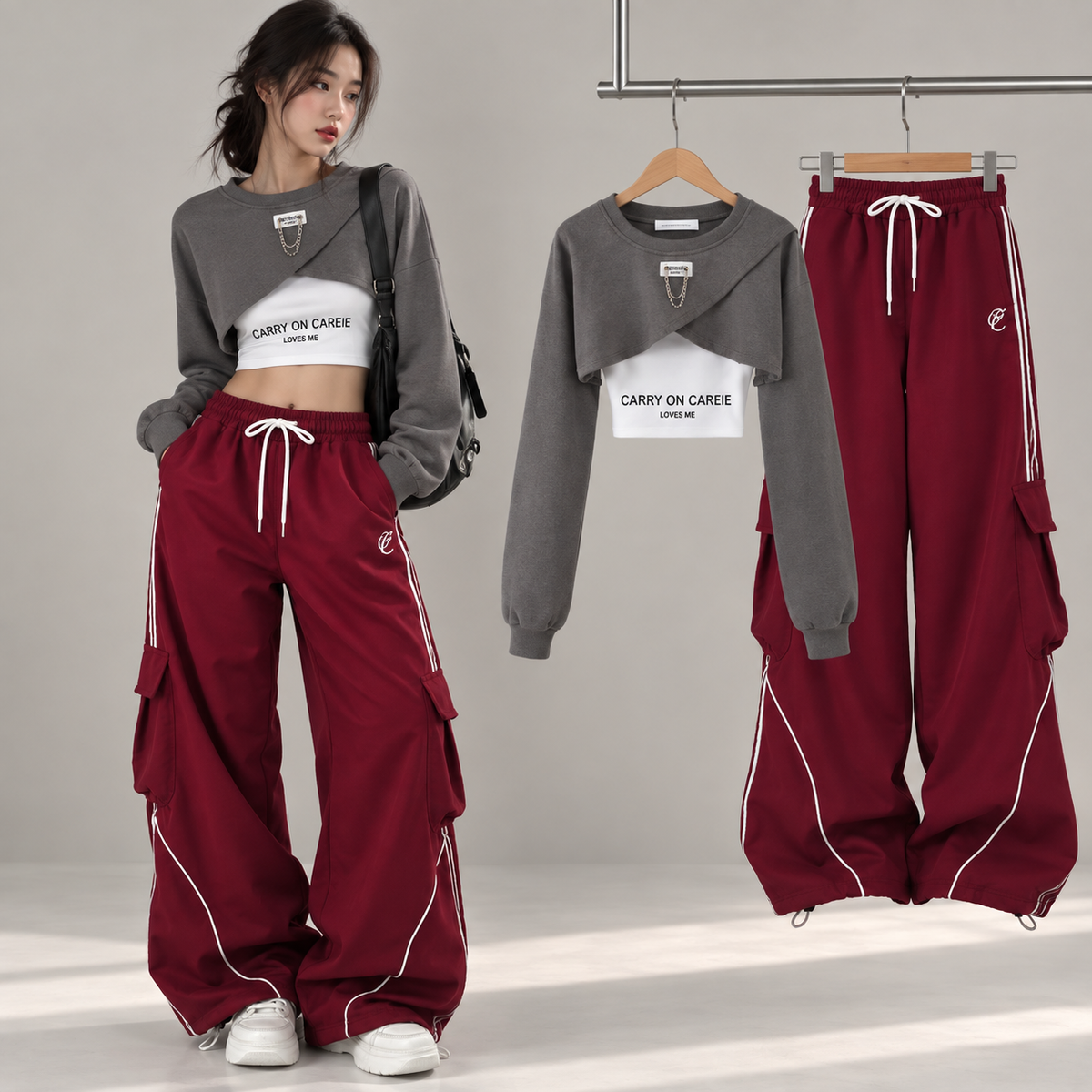 Ensemble streetwear trois pièces haut court et pantalon cargo