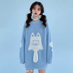 Japanese cute cat print pullover sweater in light blue with fluffy cat design and tail detail