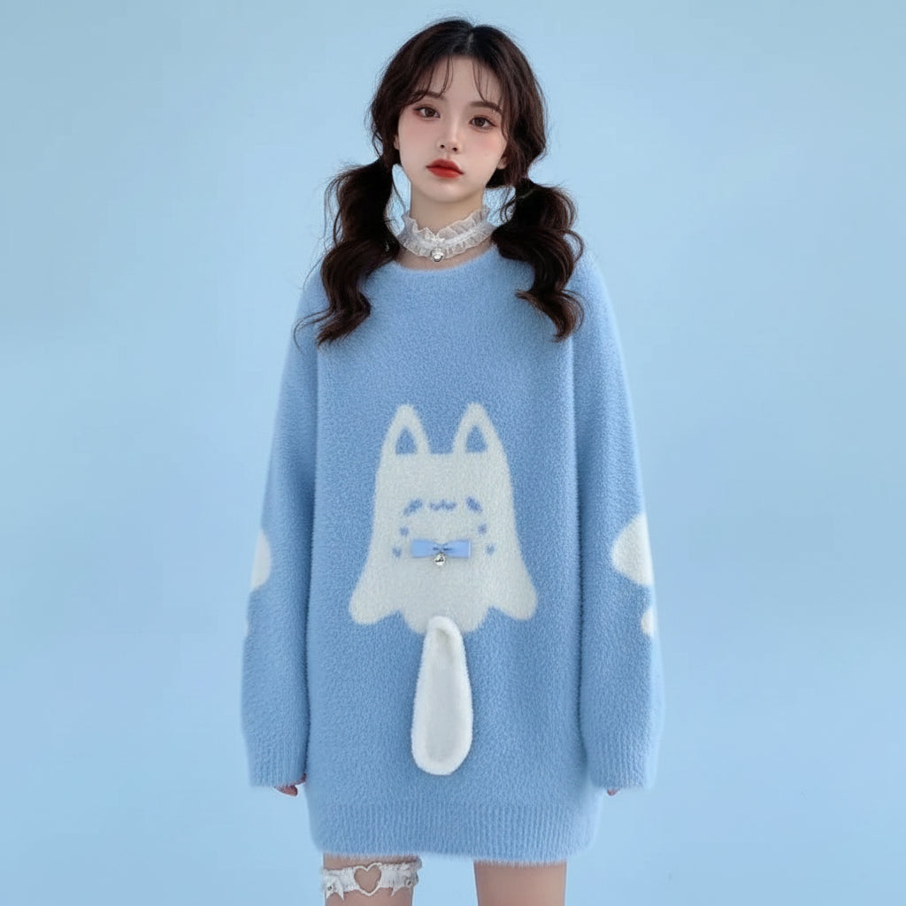 Japanese cute cat print pullover sweater in light blue with fluffy cat design and tail detail
