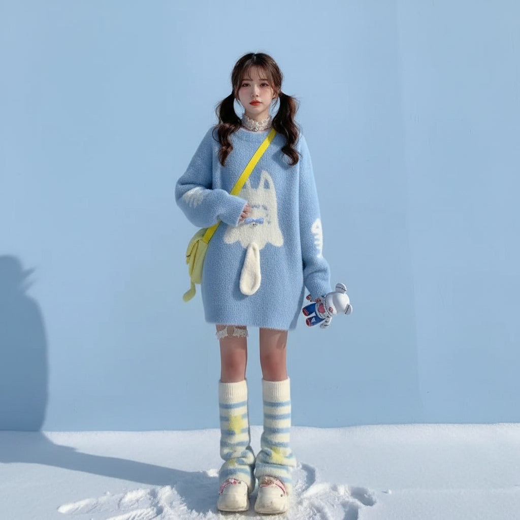 Blue japanese cute cat print pullover sweater worn outdoors with cozy winter accessories