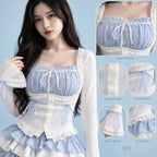 Y2K Square Collar Patchwork Top and Cake Skirt Set patchwork