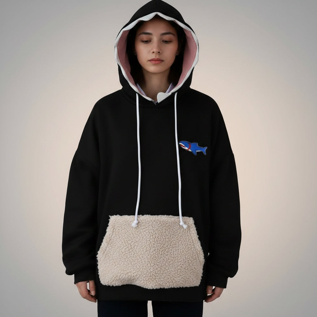 Black oversized shark pullover hoodie with shark mouth hood and small shark patch on chest