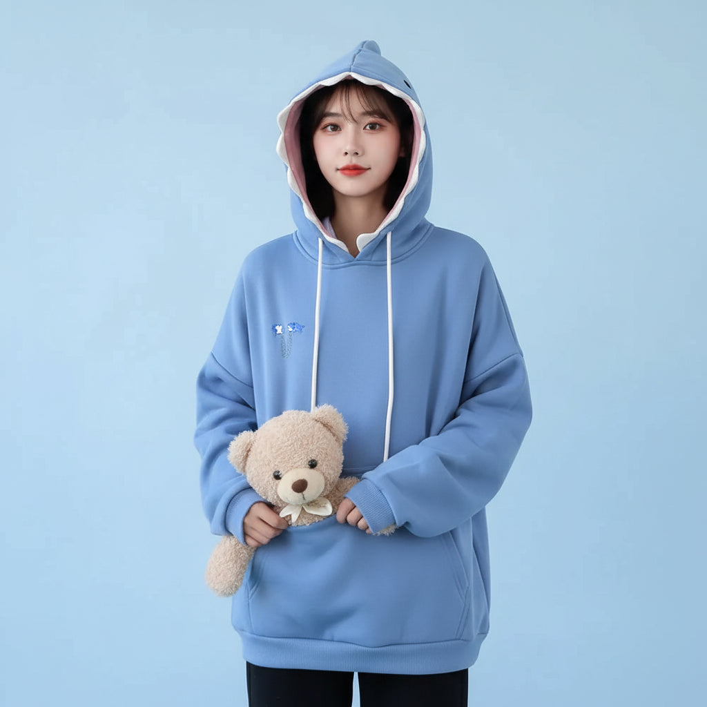 Vusy Kawai Shop oversized shark pullover hoodie in blue with shark teeth hood and drawstrings