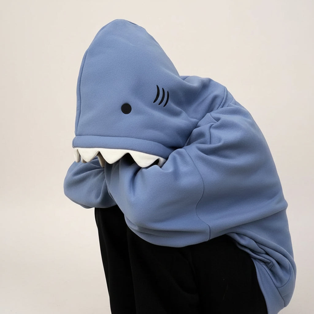 Blue oversized shark pullover hoodie with shark teeth design on the hood worn by person sitting