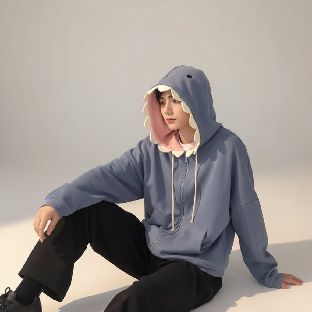 Blue oversized shark pullover hoodie with fin and teeth hood design worn by person sitting on stairs