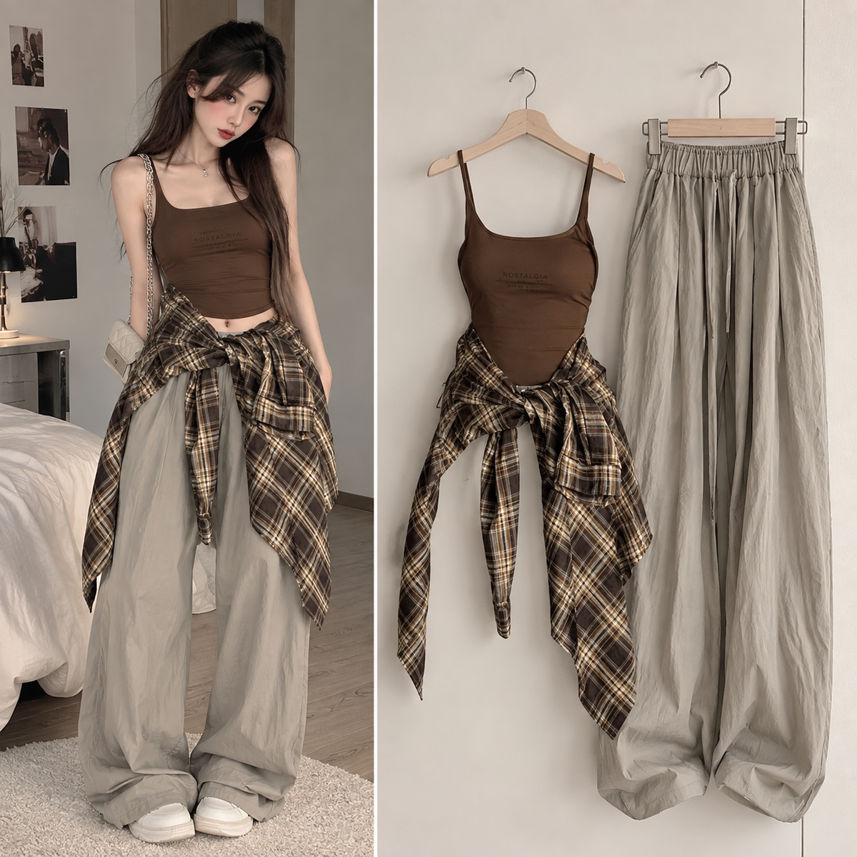 3-teiliges Set: Damen-Hemd mit braunem Karomuster, Camisole und Hose mit weitem Bein