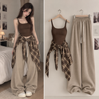Women's Brown Plaid Shirt, Cami & Wide-Leg Pants 3-Piece Set