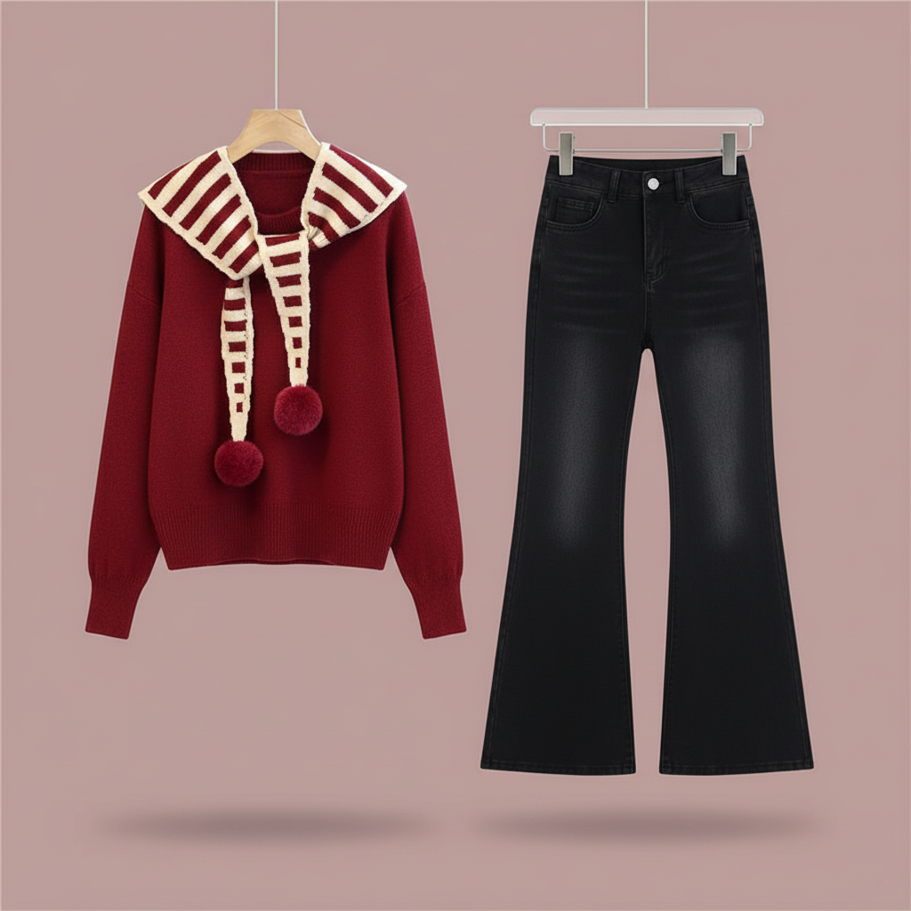 Lucky Red Sweater Shawl and Denim Pants Set back
