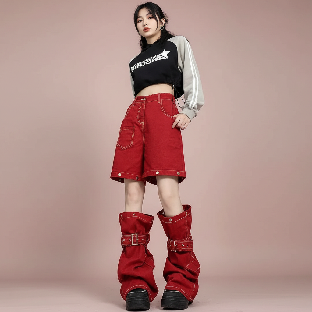 Cargo Jeans Red - Shorts + leg warmers sueltos
