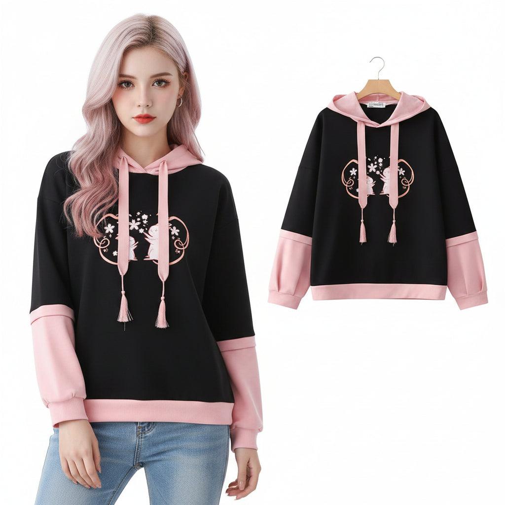 Casual Japanese cute hoodie with cartoon print featuring black and pink design with bunny characters