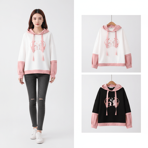 Rabbit Graphic Tassel Hoodie front view