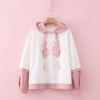 Casual Japanese cute hoodie with cartoon print in white and pink featuring adorable animal design