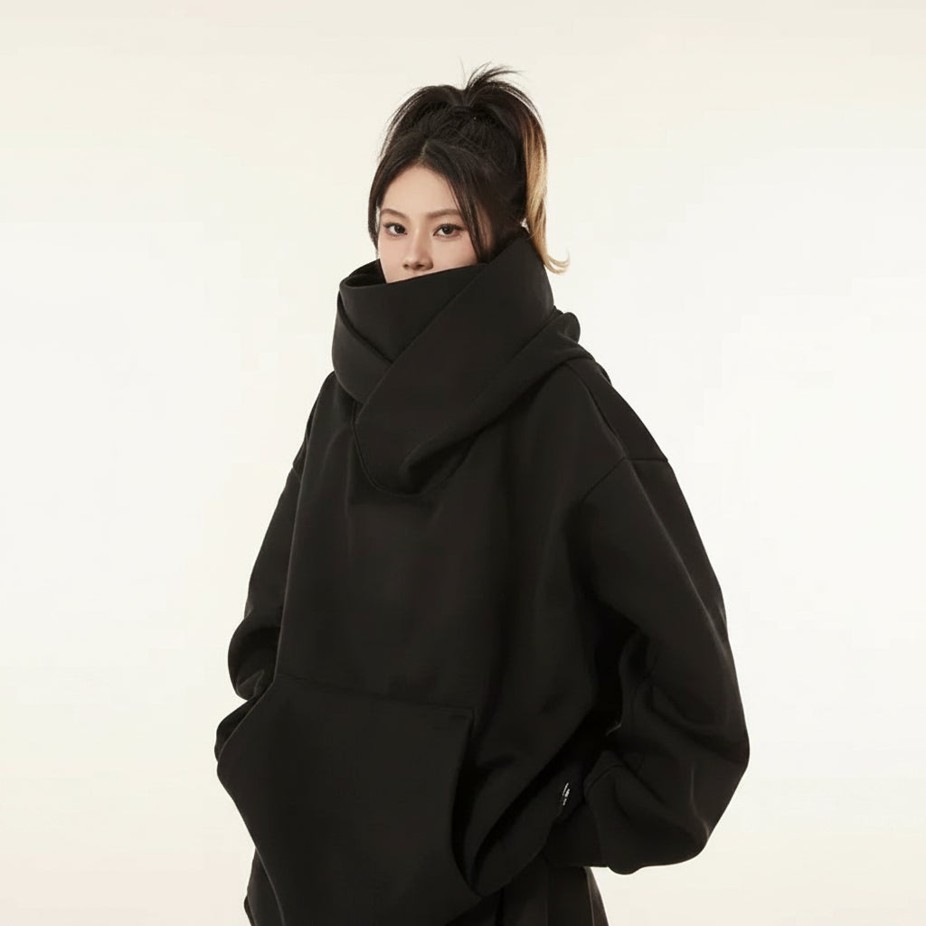 Black oversized casual Japanese streetwear fashion hoodie with high neck worn by model