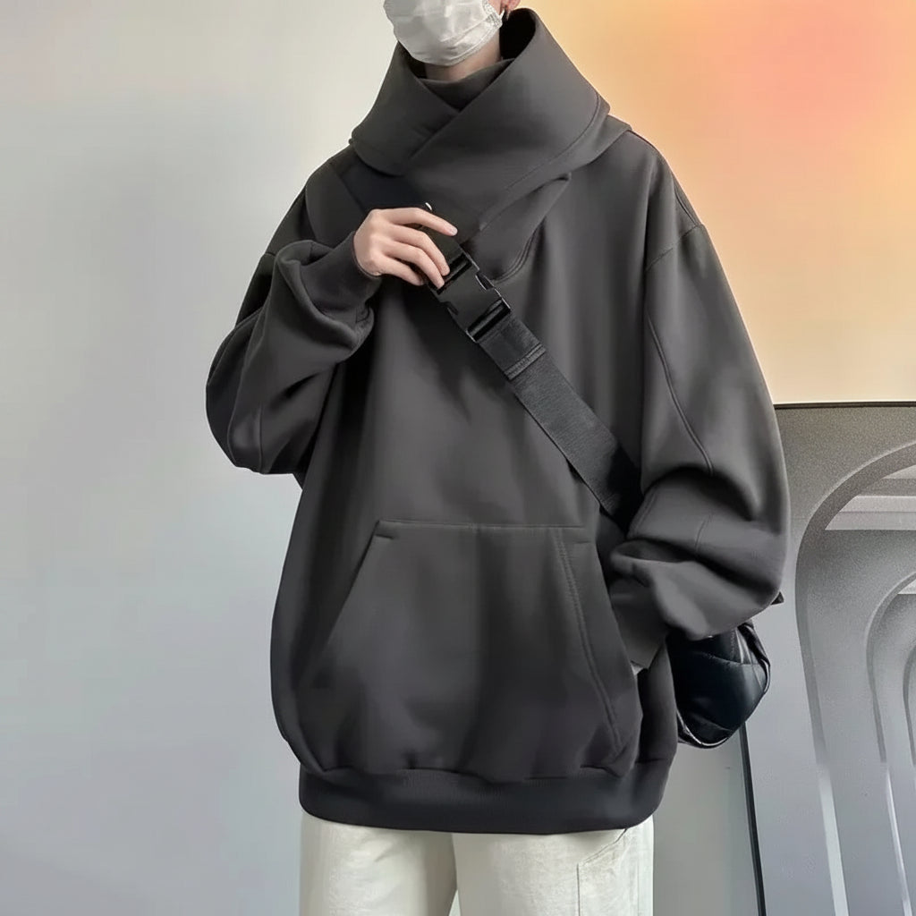 Casual Japanese streetwear fashion hoodie in dark gray with oversized fit and unique high collar design