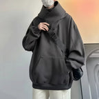 Casual Japanese streetwear fashion hoodie in dark gray with oversized fit and unique high collar design