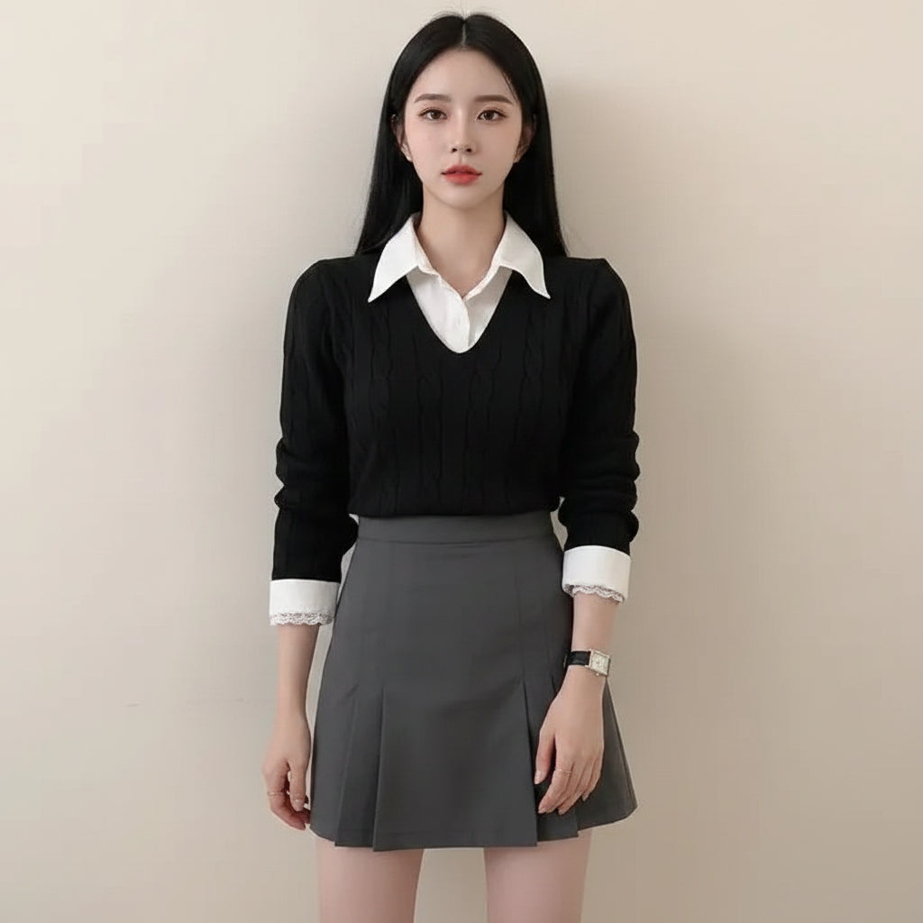 Woman wearing black casual knitwear for women layered over white collared shirt with gray pleated skirt