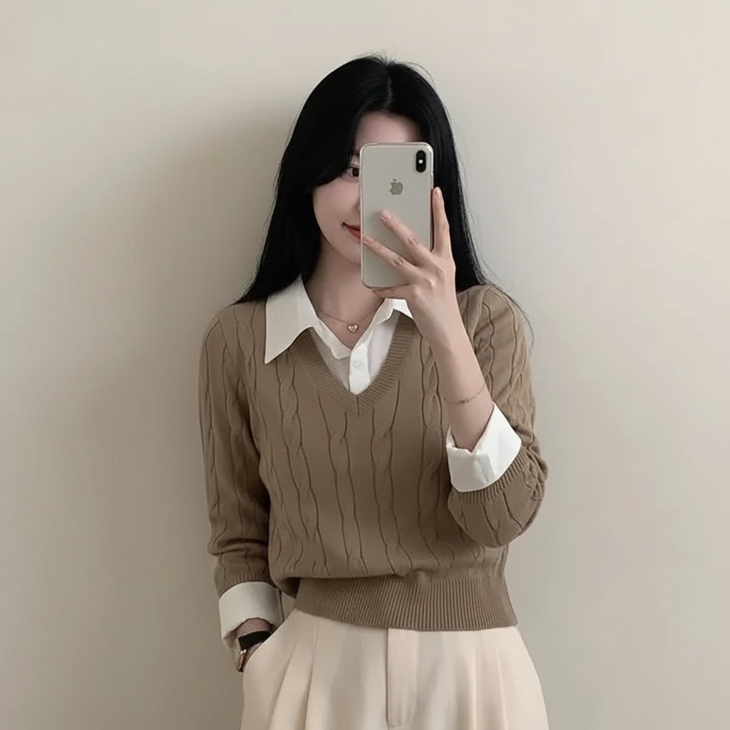 Woman wearing beige casual knitwear for women layered over white collared shirt taking a mirror selfie