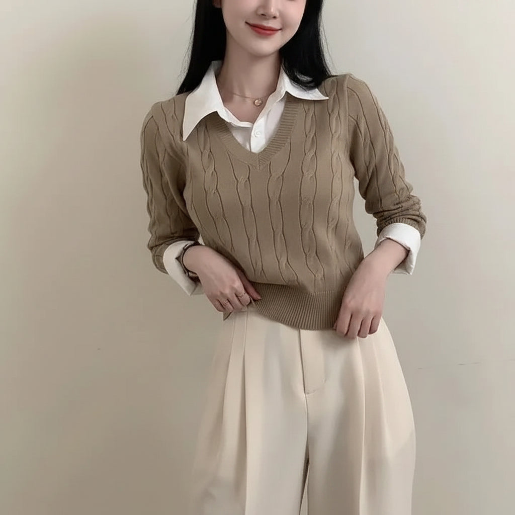 Woman wearing beige cable knit sweater layered over white collared shirt casual knitwear for women