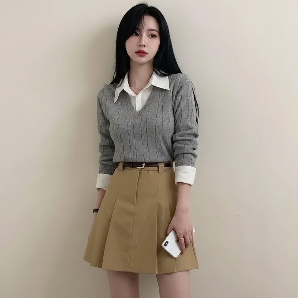Woman wearing casual knitwear for women grey sweater layered over white shirt with tan pleated skirt