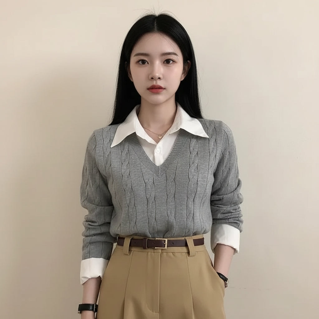 Grey V-neck cable knit sweater layered over white shirt casual knitwear for women
