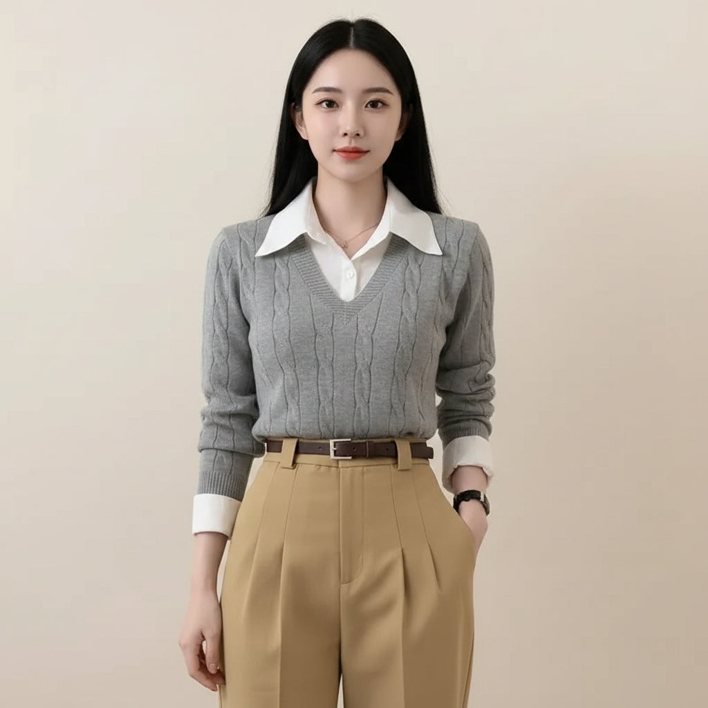 Gray V-neck cable knit sweater layered over white shirt featuring casual knitwear for women